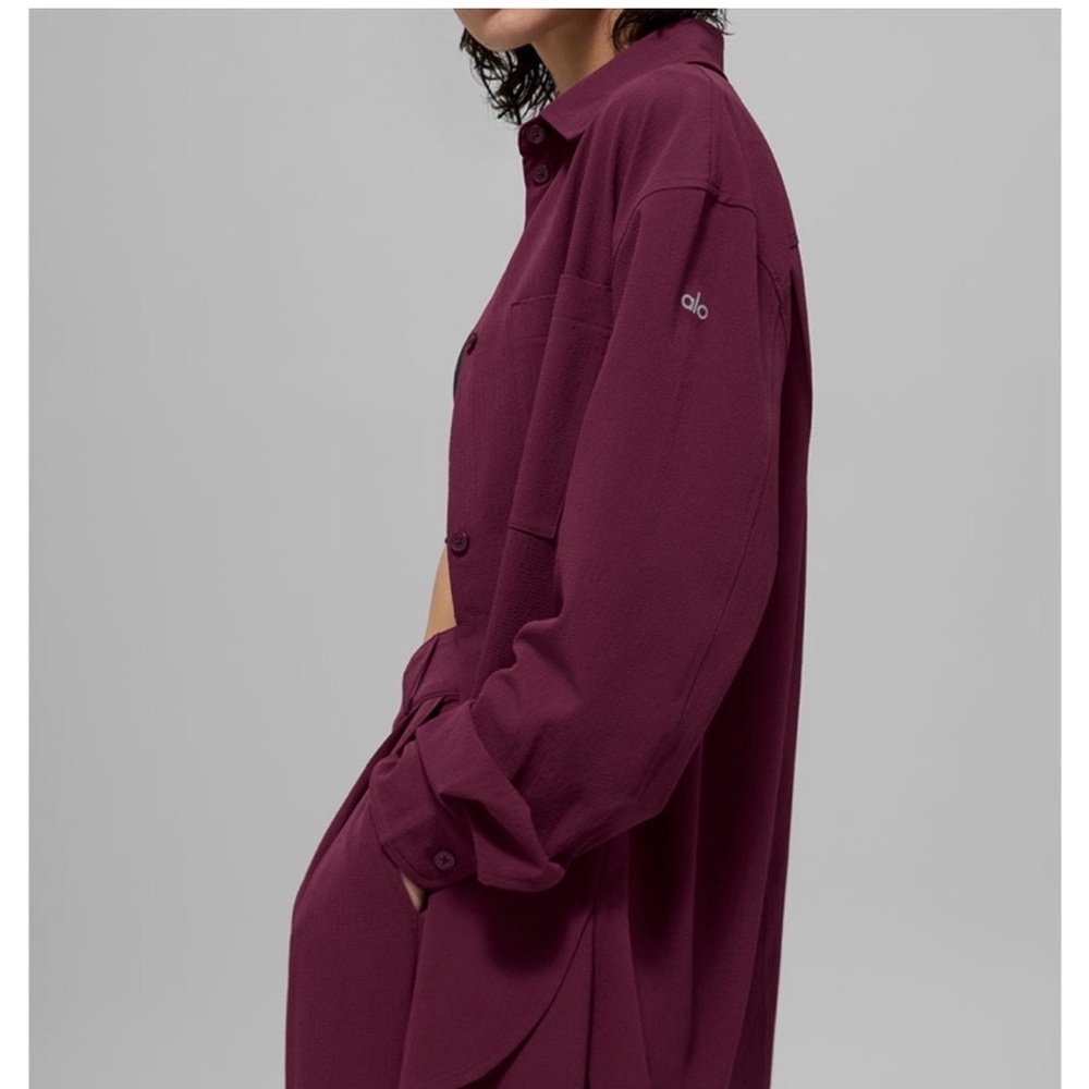 Alo Oversized Button-Up Shirt Dress in burgundy